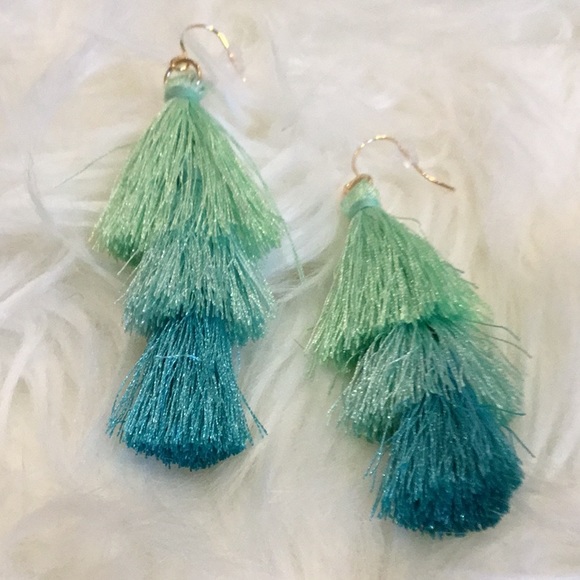 Aqua, Mint, and Blue Tassel Earrings - Picture 3 of 4